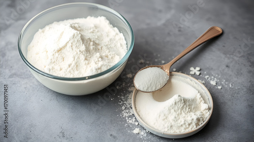 The bowl contains flour and a spoon is sitting on the table, alongside collagen peptides powder
