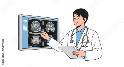 Doctor analyzing brain scans on a monitor while taking notes on a clipboard in a medical setting