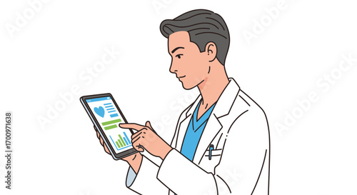 Doctor using digital tablet for patient data management and medical diagnosis in a clinic setting illustration
