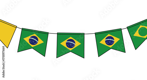 Festive Brazil flag bunting banner decoration for celebration and party, vector illustration design element on a string