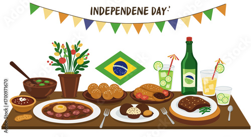 Festive Brazilian Independence Day celebration featuring traditional dishes and drinks on a decorated table scene
