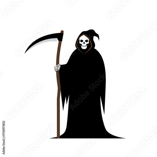 Grim Reaper with Scythe Vector Illustration Halloween Death Figure in Black Hood for Spooky Season and Dark Fantasy Designs