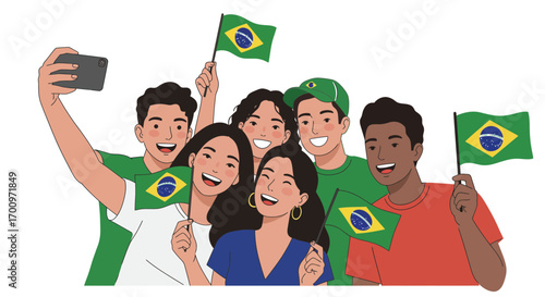 Group of Cheerful Young Adults Taking a Selfie with Brazilian Flags, Celebrating National Pride and Unity