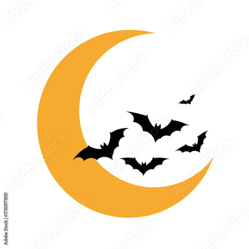 Halloween night illustration with crescent moon and flying bats silhouette against a white background creating a spooky atmosphere