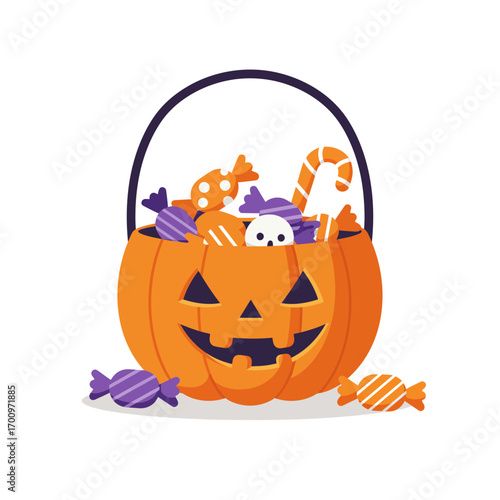 Halloween pumpkin bucket filled with candy treats illustration for kids, a festive seasonal design for autumn