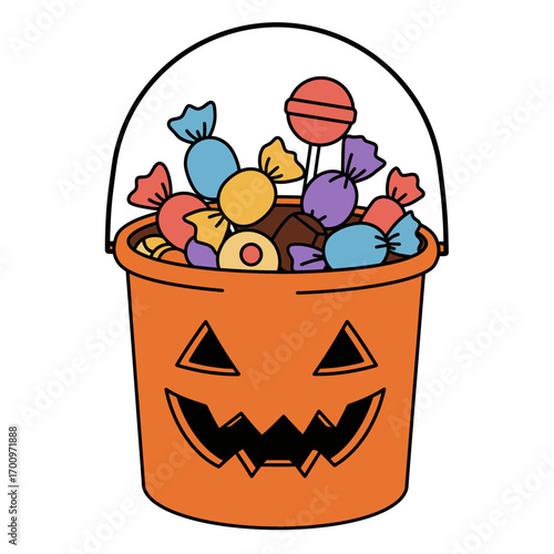 Halloween pumpkin bucket filled with colorful assorted candies and a lollipop illustration for trick or treating