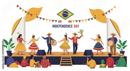 Independence Day celebration in Brazil with musicians and dancers performing on stage for audience