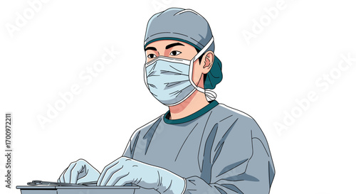 Medical professional in surgical attire preparing for a procedure with sterile instruments in a tray