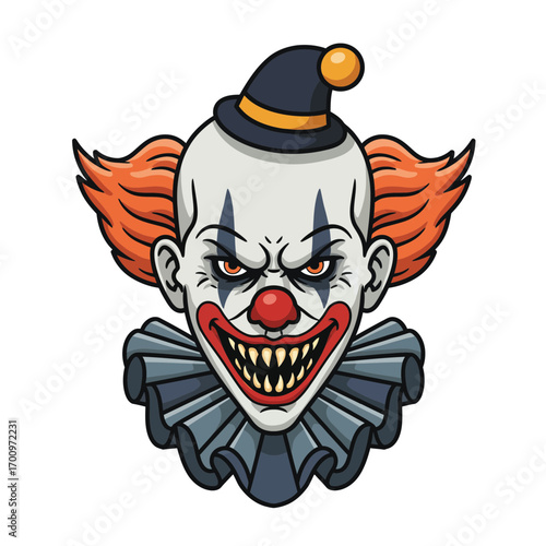Menacing clown illustration with sharp teeth, fiery hair, and a sinister expression creating a spooky atmosphere