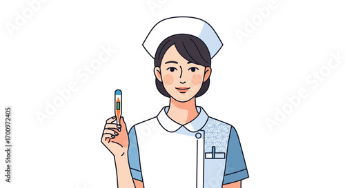 Professional nurse in uniform holding digital thermometer for temperature check in healthcare setting