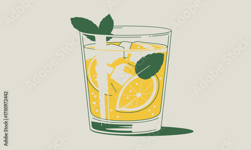 Refreshing citrus beverage with ice and mint leaves illustration showcasing a cool summer drink in a stylized design