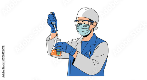 Scientist in lab coat and safety gear performing experiment with pipette and flask in laboratory