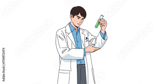 Scientist in lab coat examining a test tube with green liquid, conducting research and analysis for scientific advancements
