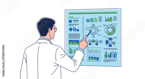 Scientist presenting data analysis on a chart with graphs and diagrams using a pointer, showcasing research findings