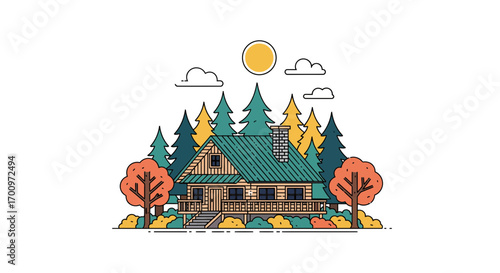 Serene cabin retreat amidst a vibrant forest landscape under the warm sun illustration with clean lines