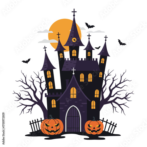 Spooky Halloween night scene featuring a haunted castle with pumpkins, bats, and a full moon illustration