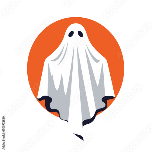 Spooky vector illustration of a ghost with dark eyes on orange background representing Halloween spirit and ghostly apparition