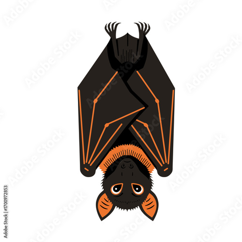 Stylized bat hanging upside down with orange accents and geometric details in vector illustration for Halloween