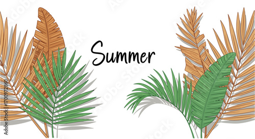 Summer tropical leaves illustration with palm and banana foliage in warm brown and green colors, creating a fresh and vibrant seasonal design