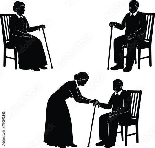 Elderly people sitting with cane, senior man and woman seated, caregiver assisting senior man, 