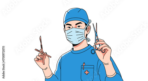 Surgeon in scrubs holds surgical instruments, preparing for operation with precision and focus in vector illustration