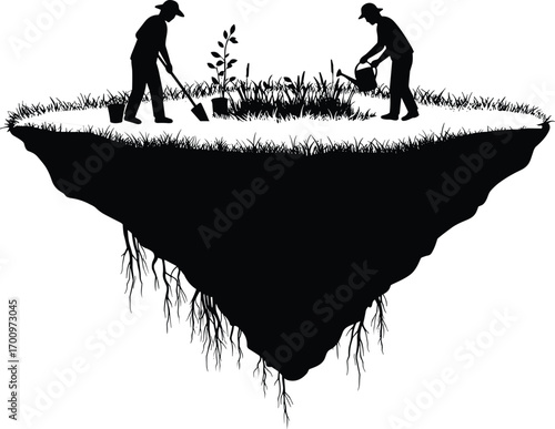 Floating island gardening, people planting, watering plants, soil and roots, nature care, farming, sustainable gardening, eco-friendly, gardening tools, teamwork