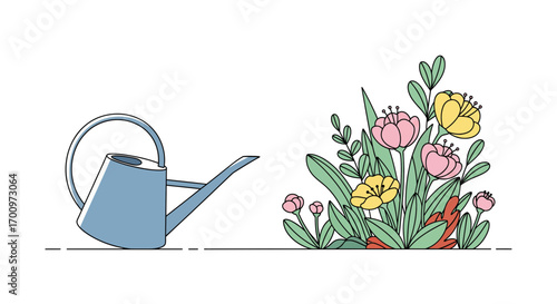 Watering can and blooming flowers illustration vector design for spring garden and nature concept, showcasing floral beauty and gardening equipment on white background