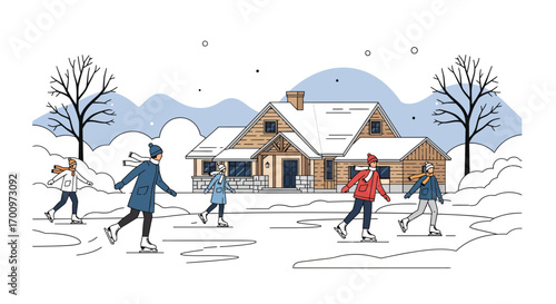 Winter fun family ice skating on frozen lake near cabin in snowy landscape vector illustration showcasing seasonal outdoor activity and togetherness