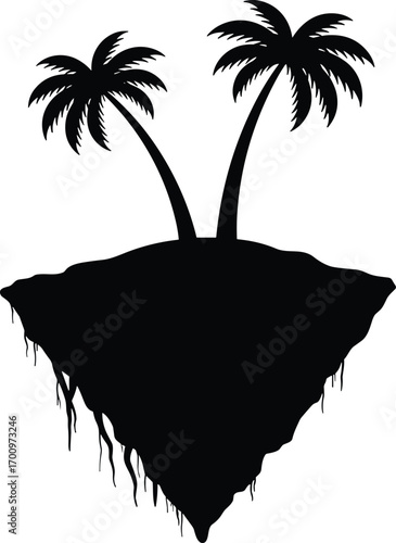 Floating island with two palm trees, tropical island, nature, exotic, isolated, paradise, summer, silhouette, landscape, vacation, beach