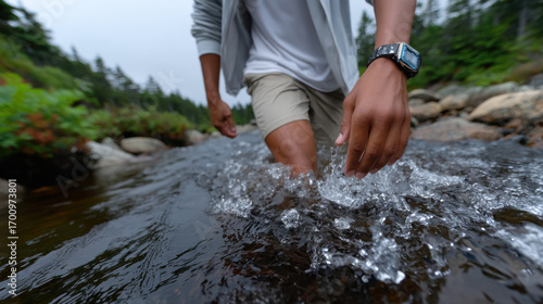 An individual is seen wading through a tranquil stream, enjoying the refreshing water while surrounded by lush greenery and natural beauty in a serene outdoor setting.