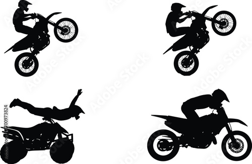 Motocross riders performing stunts, dirt bike jumping, extreme sports action, off-road motocross racing, adrenaline thrill, motorbike tricks, helmet safety