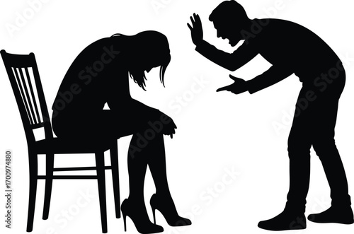 Silhouette of angry man yelling at woman sitting on chair, emotional conflict, domestic dispute, relationship tension, black vector illustration
