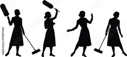 Silhouette of Female Cleaner with Broom and Duster, Housekeeping Woman Cleaning, Domestic Work Concept, Maid Performing House Chores