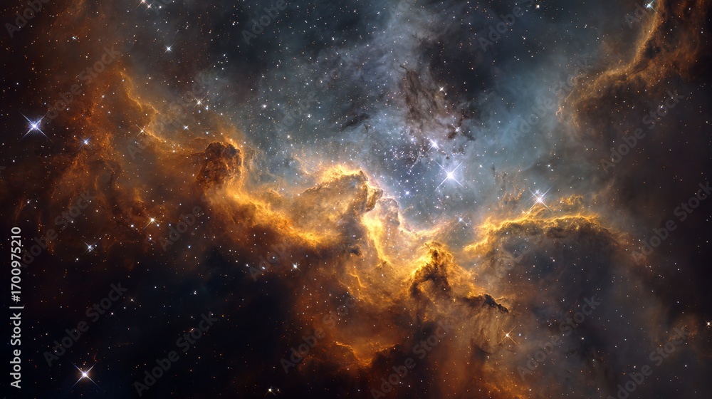 Fototapeta premium Stunning cosmic nebula with vibrant golden gas clouds and countless sparkling stars, breathtaking deep space vista