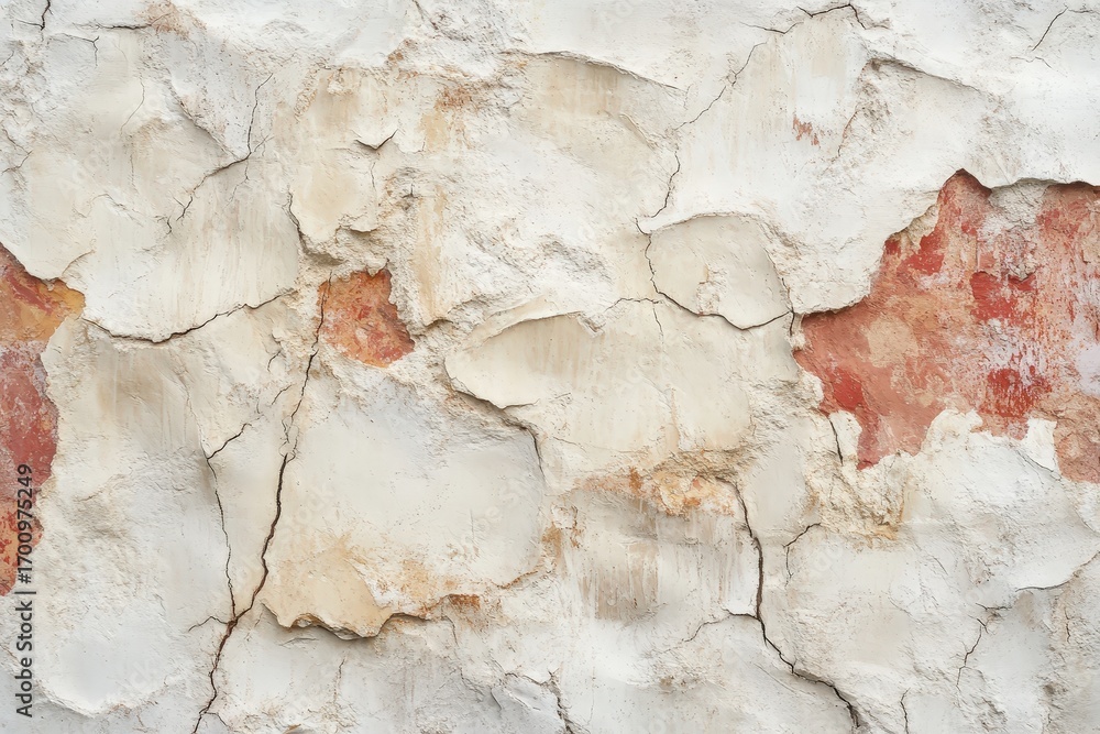 Naklejka premium Aged plaster wall with deep cracks and faded reddish hues reveals a textured surface.