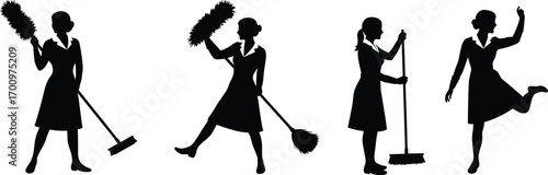 Silhouette of Female Housekeeper with Cleaning Tools, Woman Sweeping and Dusting, Domestic Chores, Maid Service, Home Cleaning Concept