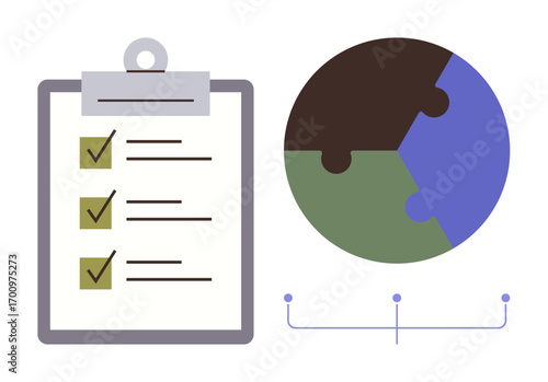 Clipboard with checklist and puzzle globe illustrating teamwork, organization, goal setting, environmental focus. Ideal for strategy, collaboration, sustainability, global goals, project management
