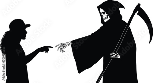 Silhouette of Grim Reaper Touching Human, Death Meeting Person, Skeleton with Scythe, Symbol of Mortality, Concept of Life End