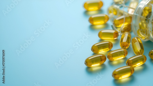 Homeopathic gold gel capsules on blue table. Alternative therapy supplements. Copy space. Fat-soluble vitamins transparent yellow capsule. Vitamin A, vitamin E, vitamin D3, omega3 capsules.