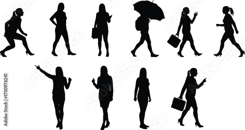 Silhouettes of business woman walking, standing, pointing, holding briefcase, umbrella, confident female poses, vector illustration, professional woman silhouettes