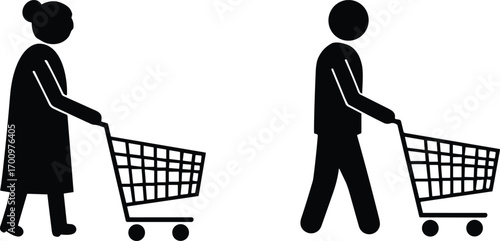 Silhouettes of elderly woman and man pushing shopping carts, senior people shopping, grocery shopping, retirement lifestyle, shopping activity, black vector icons
