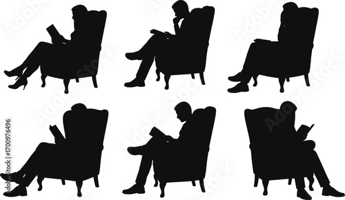 Silhouettes of people reading books in armchairs, quiet moments, relaxing, intellectual activity, indoor leisure, book lovers, cozy reading scene
