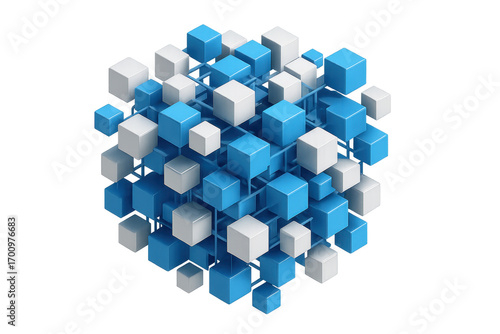 Blue and white cubes forming a big cube with transparent background