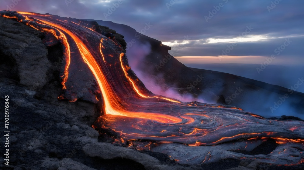 Fototapeta premium Molten lava river cooling into obsidian edge at dusk