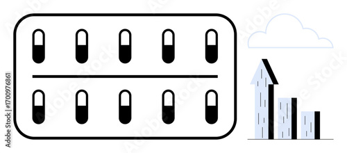 Pack of capsules in a blister alongside an upward-moving bar graph and cloud. Ideal for healthcare, growth, success, medication, pharmaceutical business, progress, simple landing page