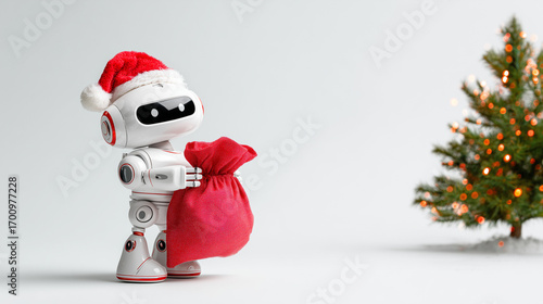 Cute robot in Santa hat holding red sack near Christmas tree

