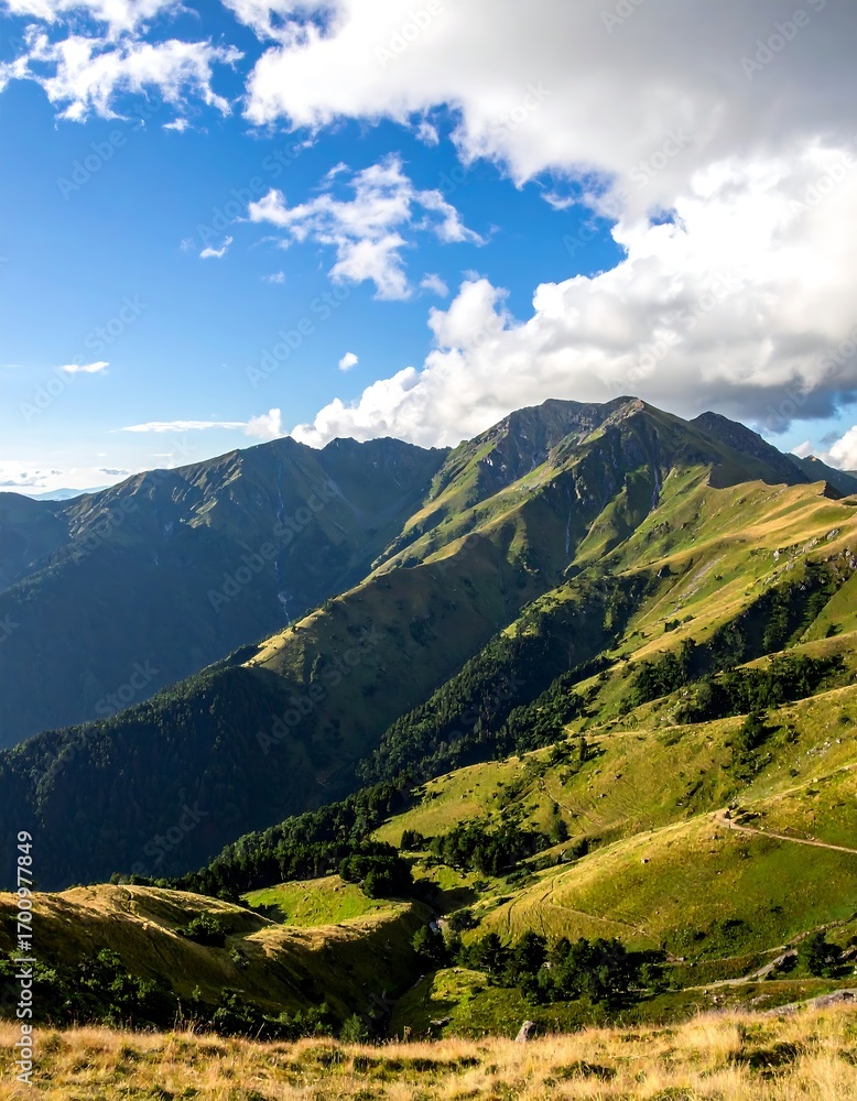 Fototapeta premium Expansive vista of rolling hills and mountains under a vibrant blue sky dotted with fluffy white clouds.