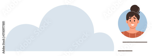 Large cloud shape with user profile photo, bun hairstyle, and horizontal lines representing information. Ideal for cloud storage, personal account, online identity, data sharing, team collaboration