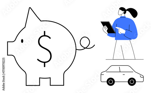 Piggy bank with dollar sign, woman holding tablet, and car. Ideal for finance, savings, budgeting, investments, personal goals, digital apps simple landing page