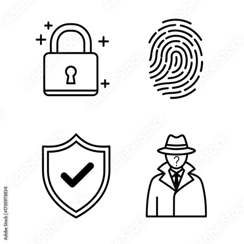 Security Icons Depicting Lock Fingerprint Shield and Mysterious Figure